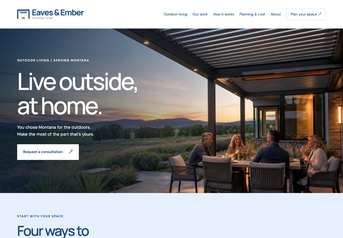 The Eaves & Ember website with its blue Sundown logo and outdoor living hero