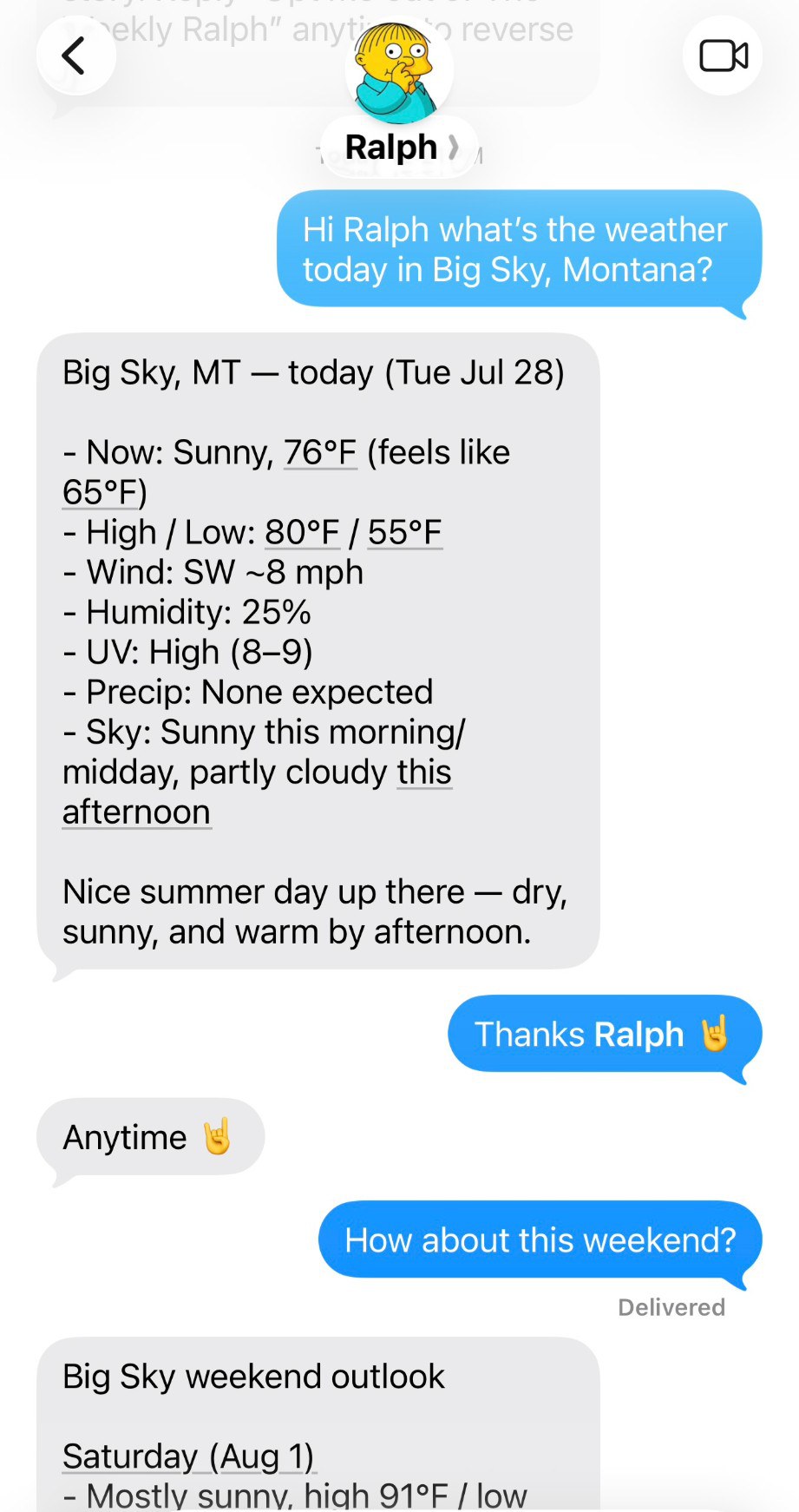 iMessage conversation in which Ralph answers a question about today's weather in Big Sky, Montana