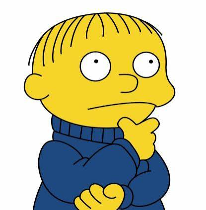 Ralph Wiggum thinking in a blue sweater