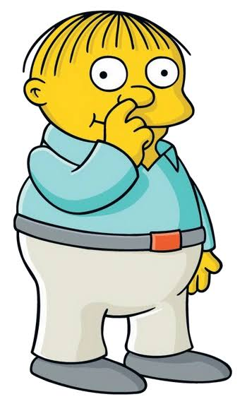 Full-body Ralph Wiggum thinking with a finger to his nose