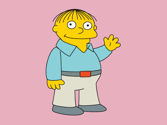 Ralph Wiggum waving against a pink background